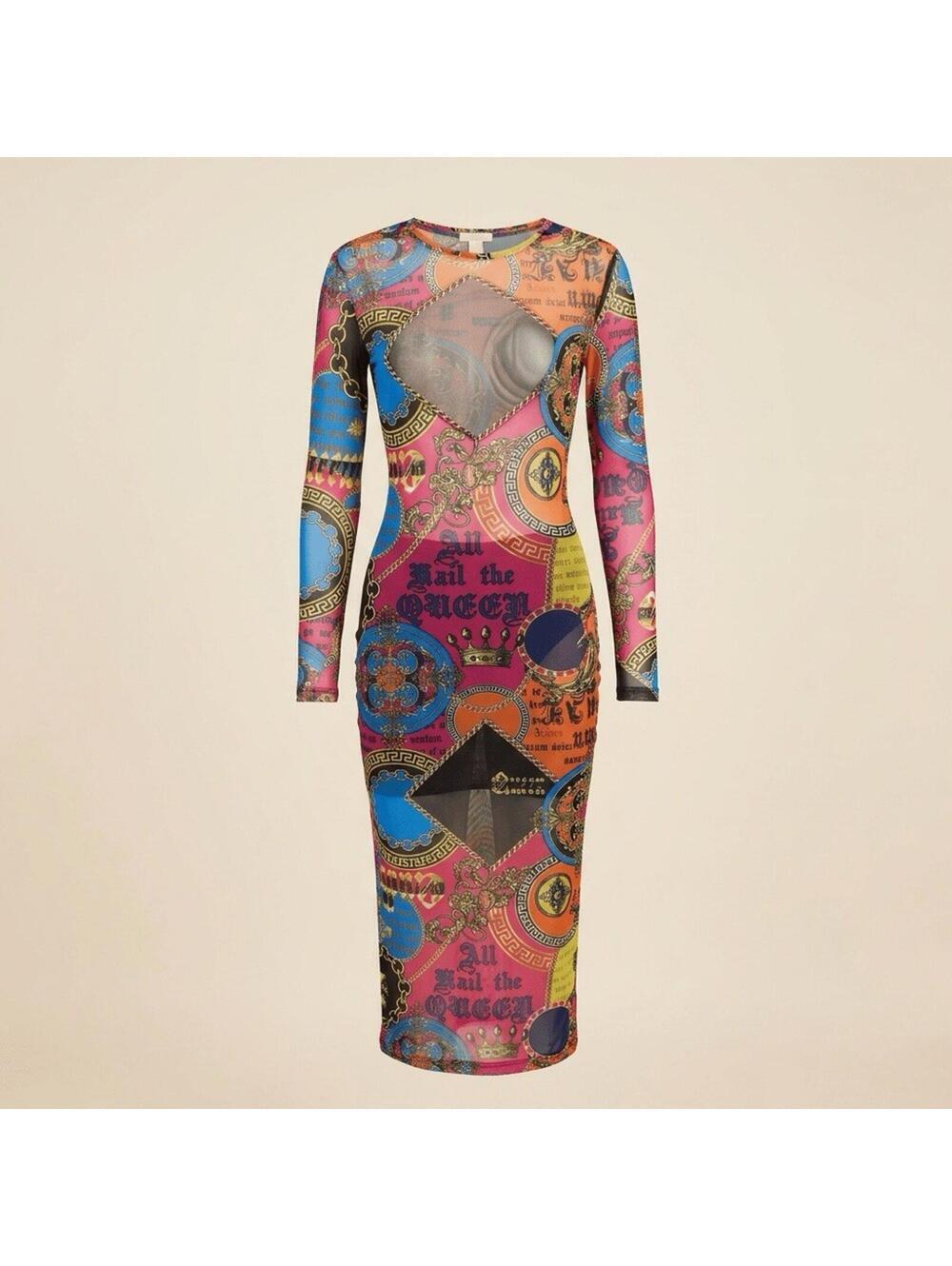 NYC All Hail The Queen Maxi High Slit Dress XL Status Chain Print Long Sleeve
